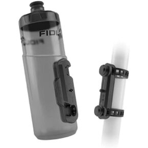 مجموعة FIDLOCK Twist Bottle 600 & Uni Base - حامل زجاجة مياه للدراجة بدون براغي وزجاجة مرفقة - رف مغناطيسي خالٍ من القفص، آمن للاستخدام في غسالة الأطباق - دخان