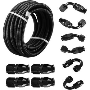 Htostar Racing 10AN 10FT PTFE E85 Hose Braided Fuel Line Fitting Kit Transmission Oil Cooler Line Nylon Stainless Steel Black