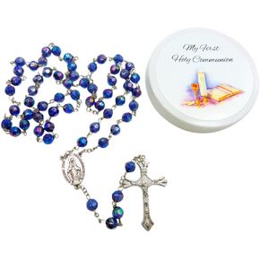 Westmon Works First Communion Rosary Keepsake Blue Faceted Beads with Metal Chalice Centerpiece and Crucifix Catholic Deluxe Set with Box