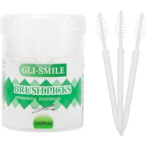 GLI-Smile BrushPicks Interdental Toothpicks, Soft Interdental Brushes and Dental Floss Picks 2-in-1, Teeth Plaque Remover 500 Toothpicks, 1 Pack