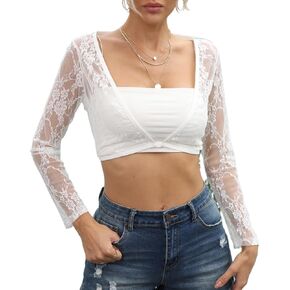 Malarocoby Women's Crop Top Long Sleeve Shrug Lace Short Blouse Shrug Sexy Lace Lining Cardigan Sheer Cover Up