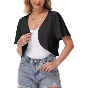 YIBOMODA Womens Short Sleeve Shrug Knit Eyelet Embroidery Open Front Cropped Bolero Cardigan Shrugs for Dresses Lightweight