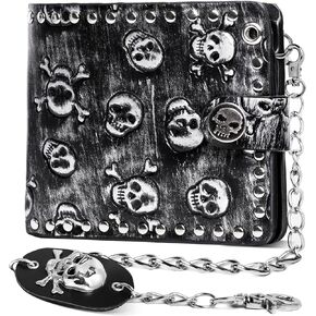 Skull Gothic Chain Wallet Leather - Punk Bifold Halloween Goth Accessories | Unisex, Black