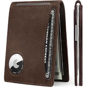 LORZOR AirTag Wallet - Slim Minimalist Mens Wallet with Money Clip RFID Blocking Bifold Full Grain Leather Front Pocket for Apple Air Tag, 2 ID Window Gifts (AirTag Not included) (Classy Brown)