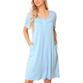 قميص نوم نسائي من Vlazom بأكمام قصيرة وزر سفلي بيجامة فستان مطوي وقميص نوم برقبة على شكل حرف U S-XXL in Kuwait