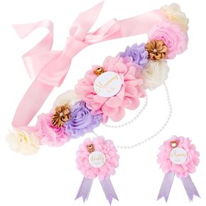 Jspupifip Teddy Bear Maternity Sash & to Be Corsage Pin Set Flower Belly Belt Baby Shower Maternity Photography Gift