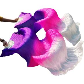 Aumulen Women 1 Pair Hand Made Silk Belly Dance Fan Veils Long Bamboo Fan for Dancing