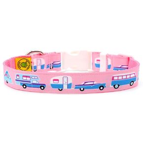 RV Camping Dog Collar - Pink Camper Collar - Vintage Car & Trailer - Van - Fifth Wheel - Truck Camper - A-Frame - 4 Sizes - Adjusts 9 Inches to 27 Inches - 1 Inch Wide (Medium 12-17")