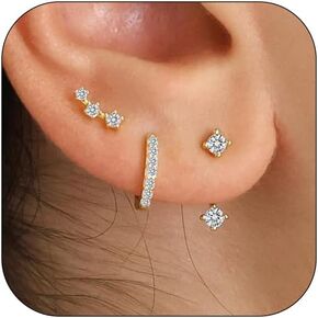 14K Real Gold Earring Sets for Women Dainty Gold Stud Earrings Set Non Tarnish Sterling Silver Earrings Hoops Double Piercing Earrings For Two Holes Set Dainty Gold Earring Sets for Multiple Piercing