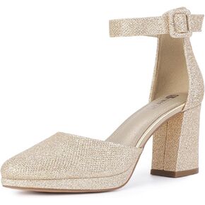 IDIFU IN3 Women's Pumps Closed Toe Heels Platform Chunky Block Heels Dress Shoes for Women Dressy Wedding Bridal Prom Shoes Pointed Toe Ankle Strap Low Heels Comfortable Short Thick Heels