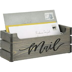 MyGift Vintage Weathered Gray Solid Wood Countertop Mail Holder Box, Crate Style Office Desktop Letter Storage Mailbox with Decorative Black Cursive Mail Label