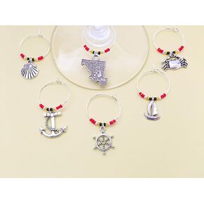 Maryland Nautical Wine Charms, Ships Ahoy, Sailing gift. Maryland state, Crab, Anchor, Ship Wheel, Lighthouse, Sailboat etc. Beach lover gift. Set of 8. MARYLAND FLAG THEMED BEADS.