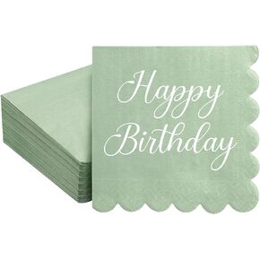 Gilprop 100 Pcs Happy Birthday 5" x 5" Sage Green Napkins Light Green Paper Napkins Scalloped Sage Green Cocktail Napkins Disposable Beverage Dessert Napkins for Birthday Party Supplies Decorative