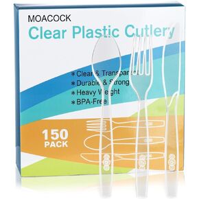 MOACOCK 150 Pcs Clear Plastic Silverware, Heavy Weight Plastic Forks Spoons Knives Disposable Utensils Cutlery Set for Wedding Party Supplies Everyday Use