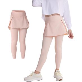 OUANDME Girls Skirted Leggings with Pockets Athletic Tennis Skorts Stretchy Kids Yoga Pants with Ruffle Skirt