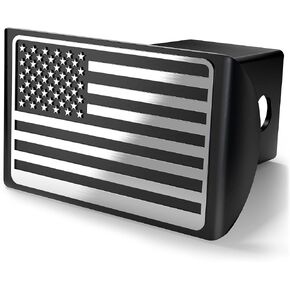 U.S. American Flag Black & Chrome Metal Trailer Hitch Cover