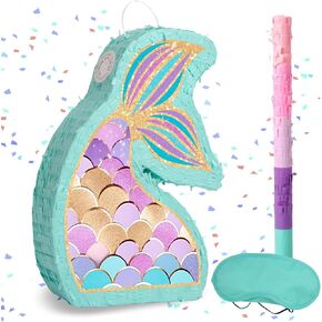 Mermaid Tail Pinata - Mermaid Pinata with Blindfold and Bat for Girls Kids Ocean Theme Birthday Party Game Decorations (Small Size 17"x12"x3")