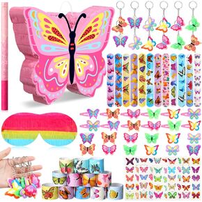 Pasimy 61 Pcs Butterfly Party Pinata Set, Butterfly Pinata with Stick Blindfold Butterfly Birthday Tattoos Stickers Hairpin Ring Slap Bracelet Keychain for Butterfly Themed Party Supplies Decor