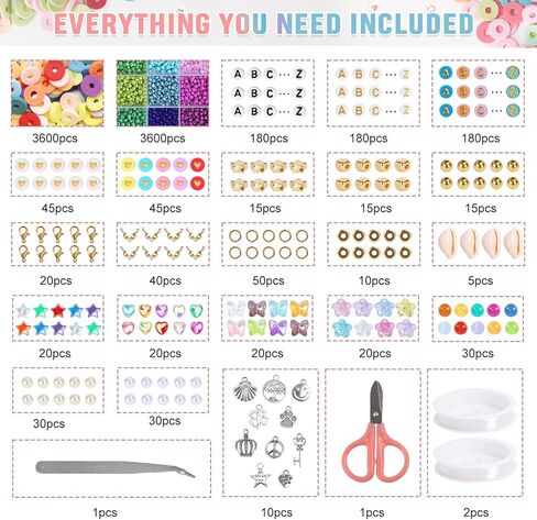 QUEFE 8200 قطعة من خرز الطين الزجاجي مع 3600 قطعة من الخرز الزجاجي 4 مم، 3600 قطعة من خرز الطين و600+ خرز حروف لمجموعة أساور الصداقة، خرز لصنع المجوهرات، DIY، حزمة هدايا in Kuwait