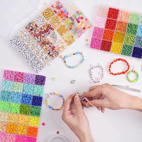 QUEFE 8200 قطعة من خرز الطين الزجاجي مع 3600 قطعة من الخرز الزجاجي 4 مم، 3600 قطعة من خرز الطين و600+ خرز حروف لمجموعة أساور الصداقة، خرز لصنع المجوهرات، DIY، حزمة هدايا in Kuwait