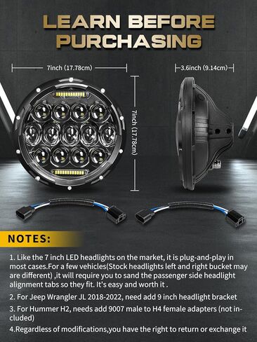 مصابيح أمامية LED VI9000 مقاس 7 بوصات مصباح أمامي مستدير H6024 LED معتمد من وزارة النقل Hi/Lo Beam DRL متوافق مع جيب رانجلر JK JKU TJ LJ CJ متوافق مع تشيفي وفورد ومازدا مياتا إلخ in Kuwait