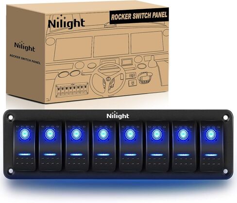 Nilight 8 عصابة الألومنيوم الروك التبديل لوحة تبديل داش 5 دبوس تشغيل / إيقاف التبديل الروك قبل السلكية التبديل الأزرق الخلفية للسيارات سيارة البحرية قارب RV، 2 سنة الضمان in Kuwait