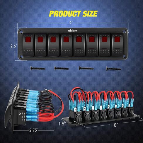 Nilight 8 Gang Aluminum Rocker Switch Panel Toggle Dash 5 Pin ON/Off Pre-Wired Rocker Switch Blue Backlit Switch for Automotive Car Marine Boat RV,2 Years Warranty in Saudi Arabia