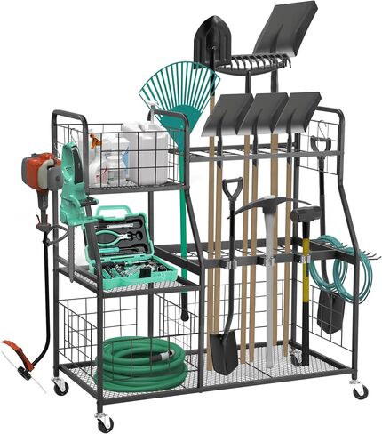 Rengue Garden Tool Organizer, 3 Tier Utility Yard Tool Organizer with Wheels, Large Garden Tool Storage Rack with Extra Storage Basket for Shed/Garage/Garden/Yard/Lawn in Saudi Arabia