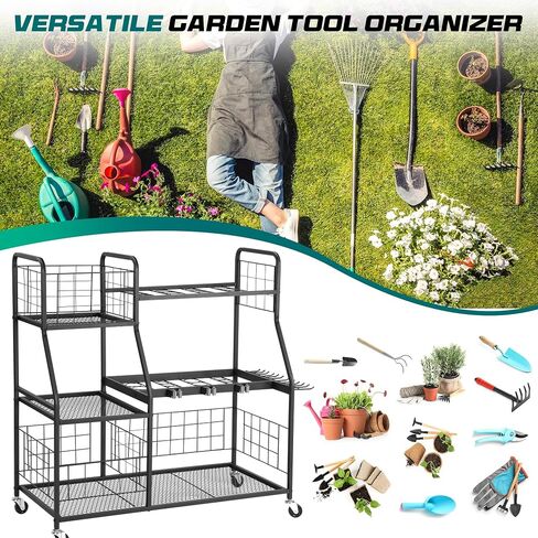 Rengue Garden Tool Organizer, 3 Tier Utility Yard Tool Organizer with Wheels, Large Garden Tool Storage Rack with Extra Storage Basket for Shed/Garage/Garden/Yard/Lawn in Saudi Arabia
