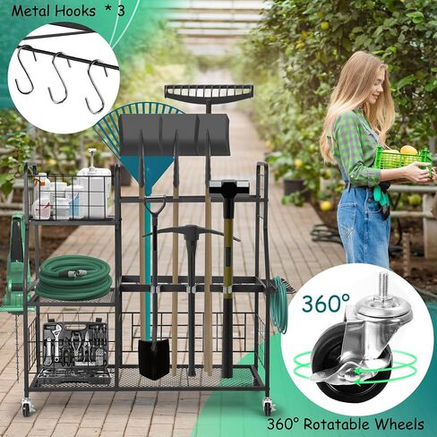 Rengue Garden Tool Organizer, 3 Tier Utility Yard Tool Organizer with Wheels, Large Garden Tool Storage Rack with Extra Storage Basket for Shed/Garage/Garden/Yard/Lawn in Saudi Arabia