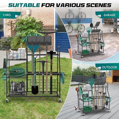 Rengue Garden Tool Organizer, 3 Tier Utility Yard Tool Organizer with Wheels, Large Garden Tool Storage Rack with Extra Storage Basket for Shed/Garage/Garden/Yard/Lawn in Saudi Arabia