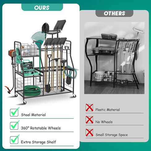 Rengue Garden Tool Organizer, 3 Tier Utility Yard Tool Organizer with Wheels, Large Garden Tool Storage Rack with Extra Storage Basket for Shed/Garage/Garden/Yard/Lawn in Saudi Arabia