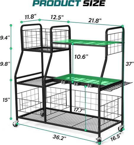 Rengue Garden Tool Organizer, 3 Tier Utility Yard Tool Organizer with Wheels, Large Garden Tool Storage Rack with Extra Storage Basket for Shed/Garage/Garden/Yard/Lawn in Saudi Arabia