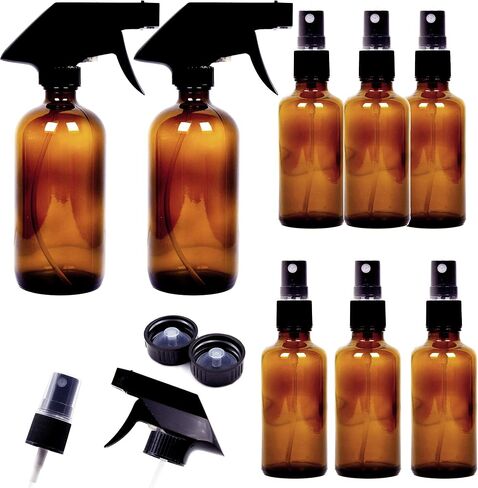 Youngever 8 Pack Empty Amber Glass Spray Bottles Set, 2 Pack 8 Ounce and 6 Pack 4 Ounce Refillable Containers for Essential Oils, Cleaning Products, Durable Black Trigger Sprayer Fine Mist and Stream in Saudi Arabia