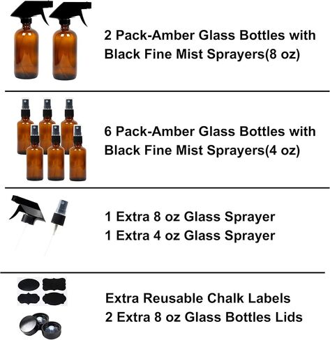 Youngever 8 Pack Empty Amber Glass Spray Bottles Set, 2 Pack 8 Ounce and 6 Pack 4 Ounce Refillable Containers for Essential Oils, Cleaning Products, Durable Black Trigger Sprayer Fine Mist and Stream in Saudi Arabia