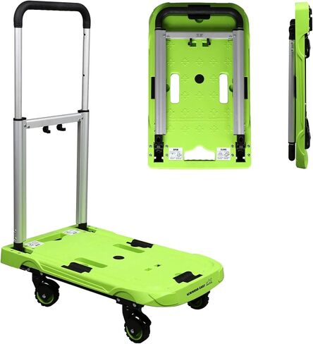 عربة دفع يدوية بمنصة قابلة للطي، عربة متحركة دوللي، قابلة للطي لسهولة التخزين وعجلات دوارة 360 درجة منخفضة الضوضاء بوزن 198 رطل، أخضر in Kuwait