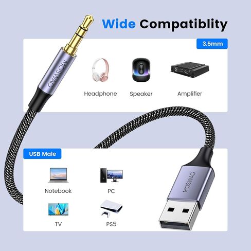MOSWAG USB to 3.5mm TRS Audio Jack Adapter, USB Male to 3.5mm AUX Stereo Audio Cable, Nylon Braided USB to AUX Converter for PC, Laptop, Windows, Mac OSX, Headphones（Does not Support in Vehicle） in Kuwait