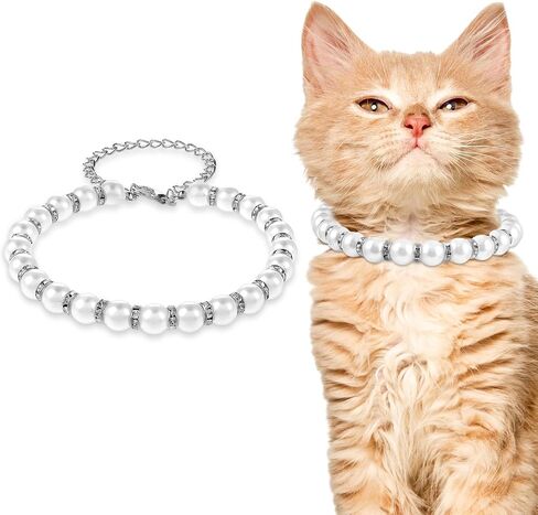 Amabro Dog Cat Pearl Collar, Bling Rhinestones Cat Necklace Collar Cute Pearl Crystal Dog Collar Bling Pearl Diamond Dog Necklace Jewelry for Small Dog Puppy Cat Wedding Birthday Party(Silver,L) in Saudi Arabia