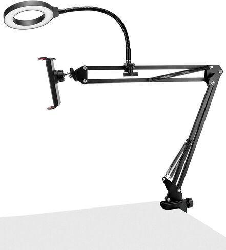 QWORK Overhead Camera Mount, Phone Mount with Ring Light, Flexible Articulating Phone Arm Stand, Phone Holder Stand, Phones Mount Clamp on Desk, for Live Stream, Video Recording and Online Teaching in Saudi Arabia