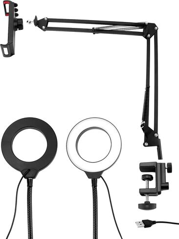 QWORK Overhead Camera Mount, Phone Mount with Ring Light, Flexible Articulating Phone Arm Stand, Phone Holder Stand, Phones Mount Clamp on Desk, for Live Stream, Video Recording and Online Teaching in Saudi Arabia