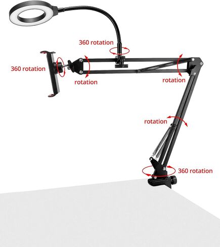 QWORK Overhead Camera Mount, Phone Mount with Ring Light, Flexible Articulating Phone Arm Stand, Phone Holder Stand, Phones Mount Clamp on Desk, for Live Stream, Video Recording and Online Teaching in Saudi Arabia
