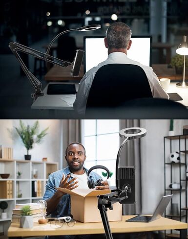 QWORK Overhead Camera Mount, Phone Mount with Ring Light, Flexible Articulating Phone Arm Stand, Phone Holder Stand, Phones Mount Clamp on Desk, for Live Stream, Video Recording and Online Teaching in Saudi Arabia