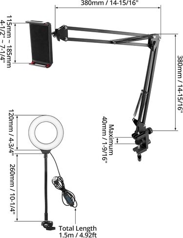 QWORK Overhead Camera Mount, Phone Mount with Ring Light, Flexible Articulating Phone Arm Stand, Phone Holder Stand, Phones Mount Clamp on Desk, for Live Stream, Video Recording and Online Teaching in Saudi Arabia