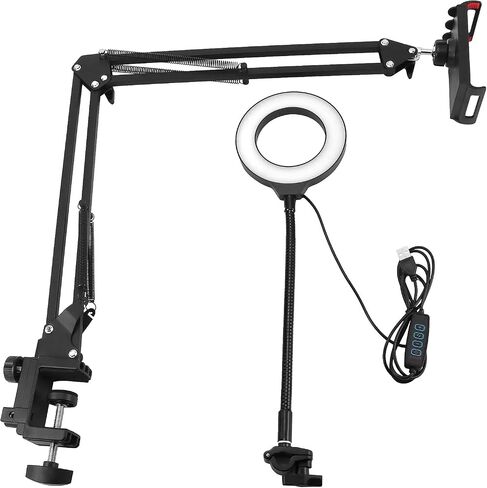 QWORK Overhead Camera Mount, Phone Mount with Ring Light, Flexible Articulating Phone Arm Stand, Phone Holder Stand, Phones Mount Clamp on Desk, for Live Stream, Video Recording and Online Teaching in Saudi Arabia