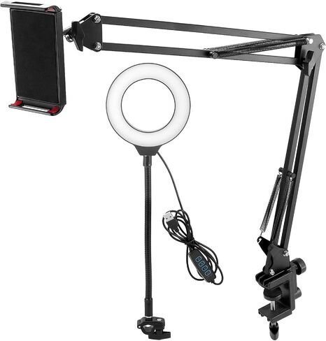 QWORK Overhead Camera Mount, Phone Mount with Ring Light, Flexible Articulating Phone Arm Stand, Phone Holder Stand, Phones Mount Clamp on Desk, for Live Stream, Video Recording and Online Teaching in Saudi Arabia