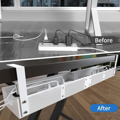 صينية إدارة الكابلات تحت المكتب، منظم سلك معدني قابل للدمج تحت المكتب، صينية إدارة السلك أسفل الطاولة، بدون حفر ولا ضرر للمكتب (أبيض) in Kuwait