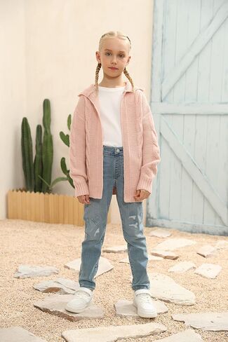 سترة PiePieBuy للفتيات والأطفال بغطاء للرأس مفتوحة من الأمام وأكمام طويلة سترة منسوجة للخريف والشتاء باللون الوردي in Kuwait