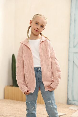 سترة PiePieBuy للفتيات والأطفال بغطاء للرأس مفتوحة من الأمام وأكمام طويلة سترة منسوجة للخريف والشتاء باللون الوردي in Kuwait