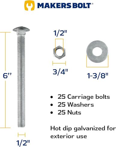 1/2" x 8" (25 pack) Galvanized Carriage Bolt Kit, Hot Dip Galvanized for Exterior Use by Makers Bolt in Saudi Arabia