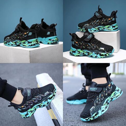 Harcent Boys Sneakers Fashion Casual Non Slip Boys Running Shoes Tennis Athletic Gym Sports Walking Kids Sneakers for Boys Girls Black/Green Size 13.5 Little Kid in Saudi Arabia
